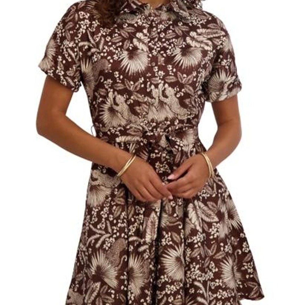 Kensie Women's Short Sleeve Collared Printed Taffeta Mini Dress Button Down